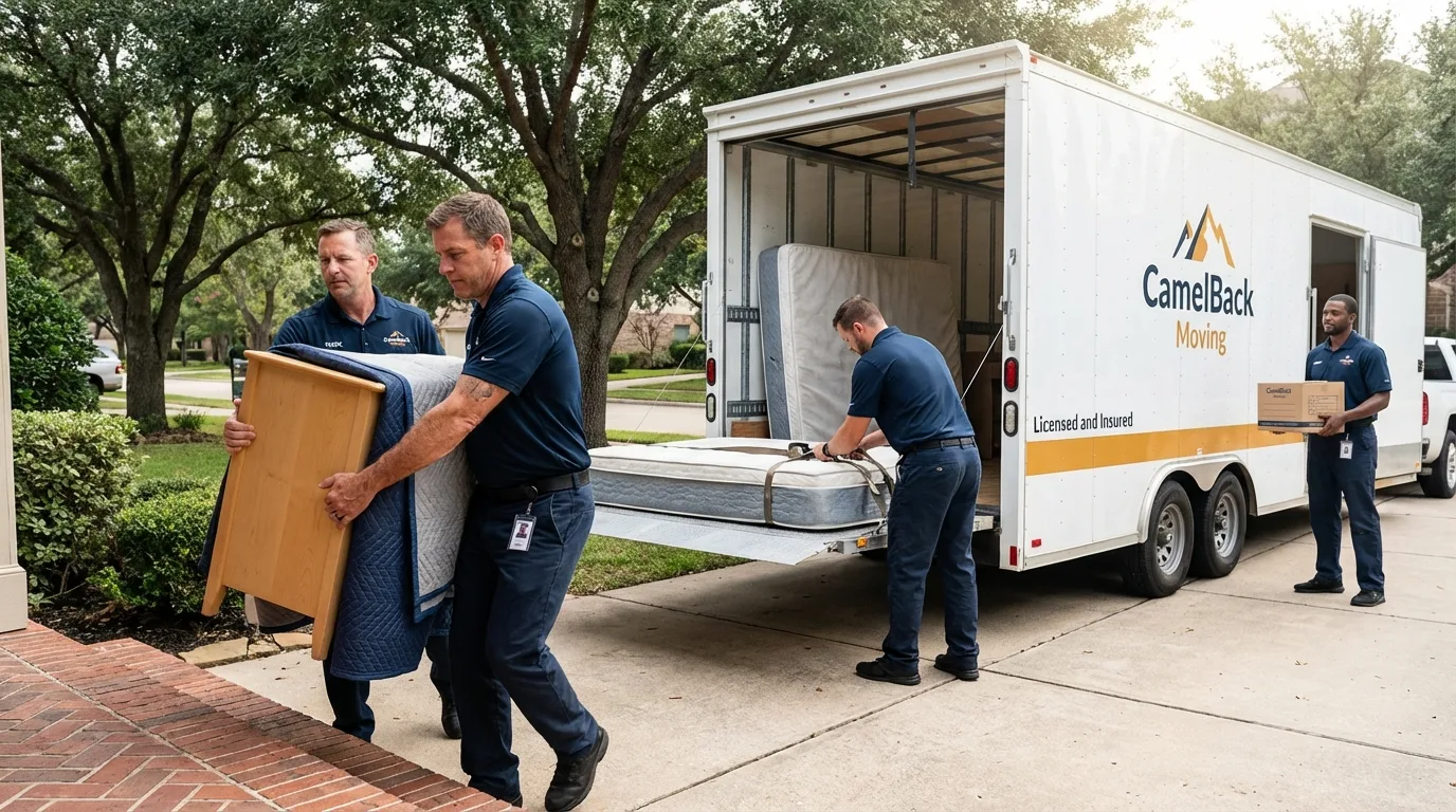 Crew loading residential truck for cross-state move from San Pablo, CA