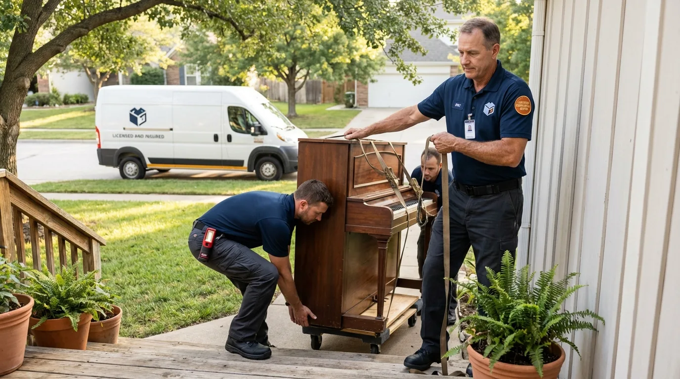 Licensed piano movers securing grand piano in San Pablo, CA