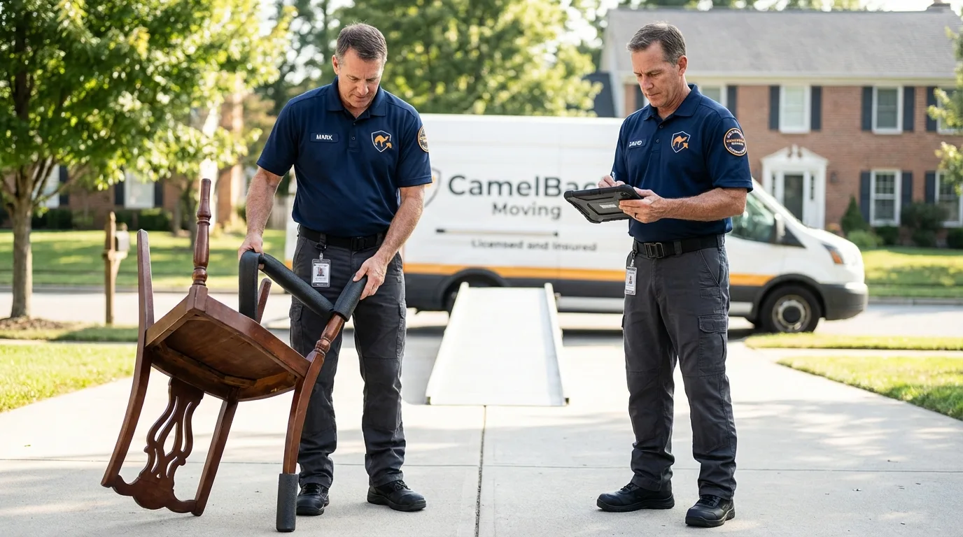 Movers inspecting furniture for damage prevention before loading in San Pablo, CA