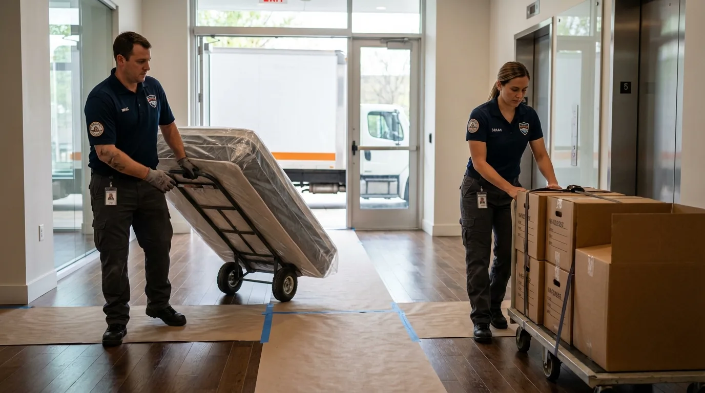 Professional apartment movers loading elevator in San Pablo, CA