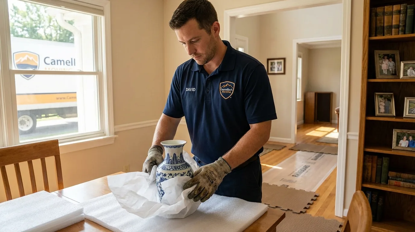 Professional crew carefully wrapping antique vase for senior downsizing move in San Pablo, CA